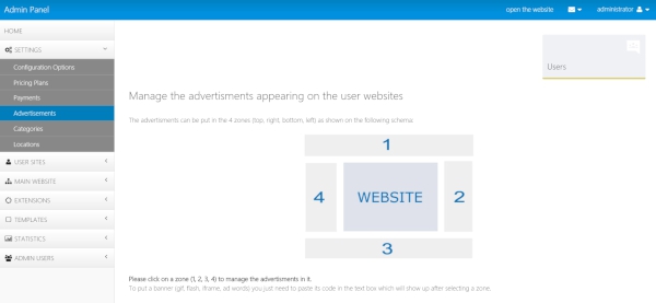 adding advertisements on the user sites creator builder php script