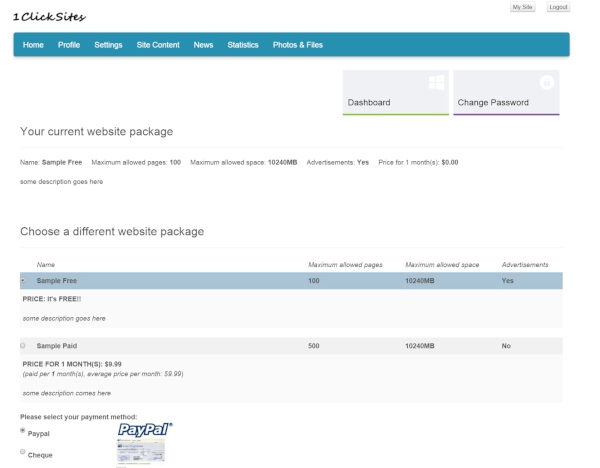 selecting a different pricing plan in the users admin panel creator builder php script